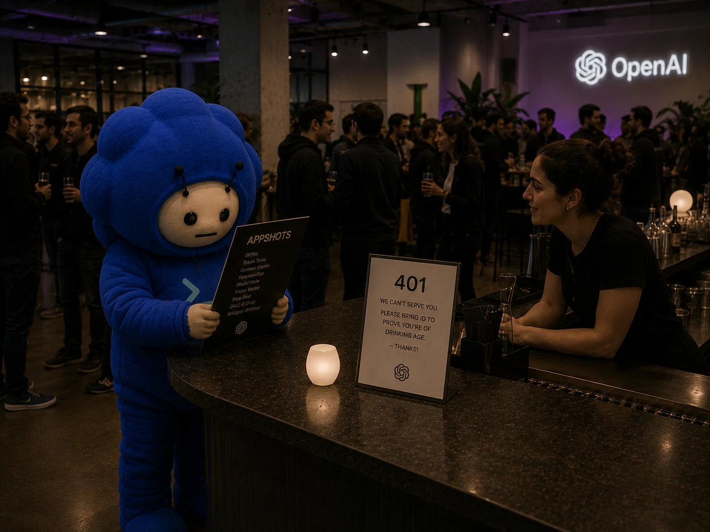 codexy at an evening event bar holding a menu, a printed '401' card on the counter denying him service