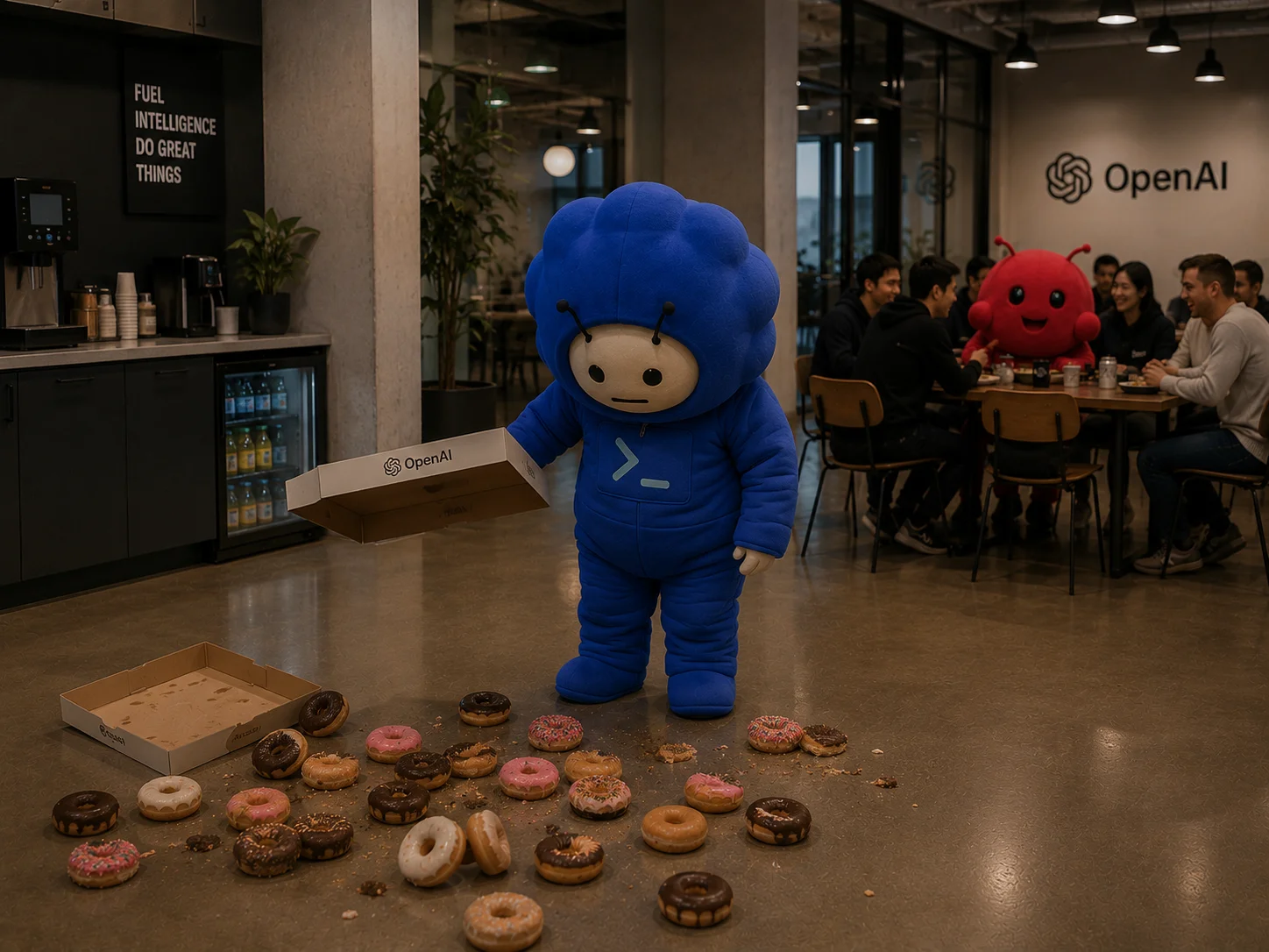 codexy holding an empty OpenAI donut box, fifteen donuts scattered on the floor at his feet
