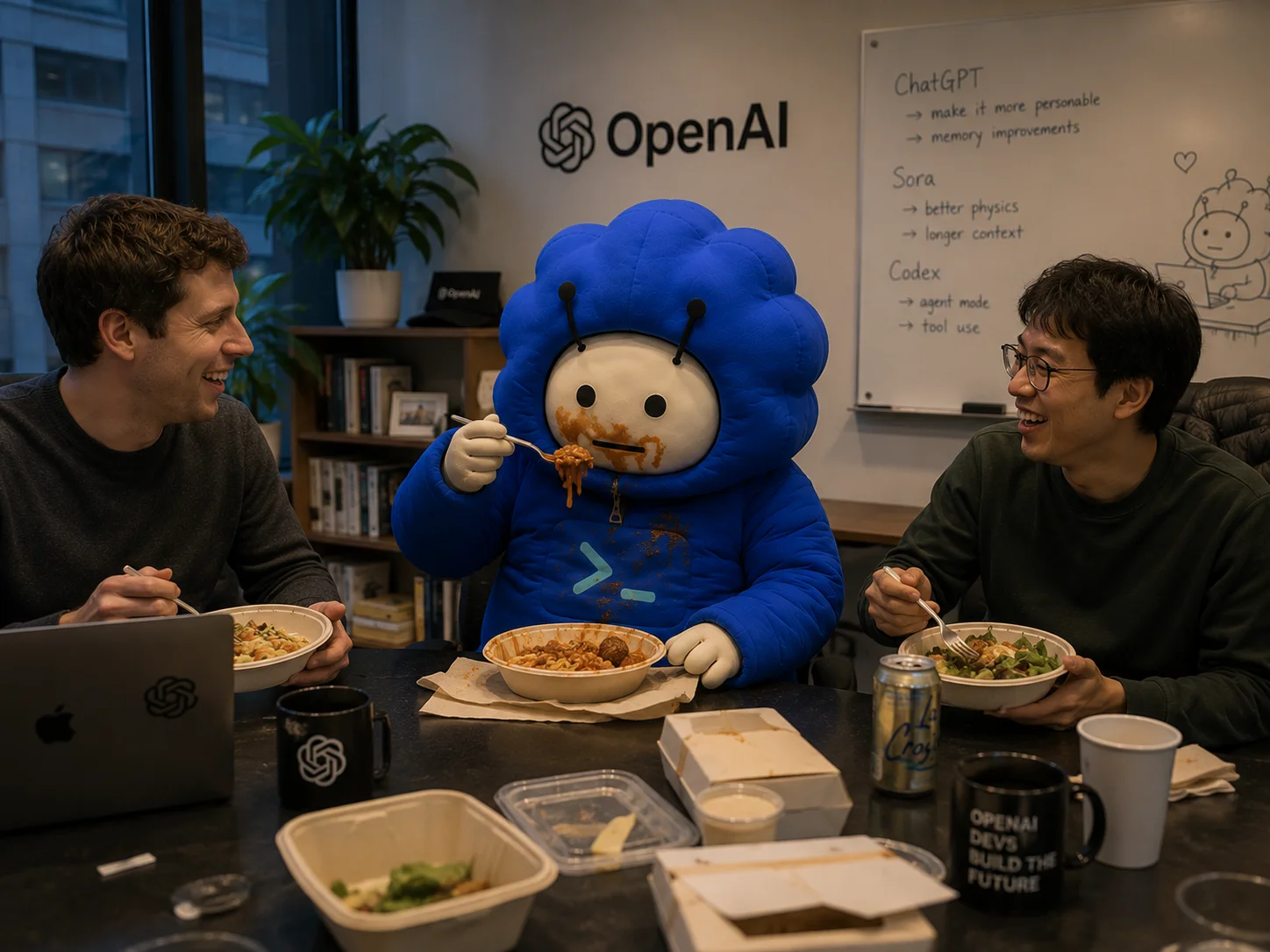 sam altman fed codexy at a meeting table while another team member watched, OpenAI roadmap on the whiteboard behind