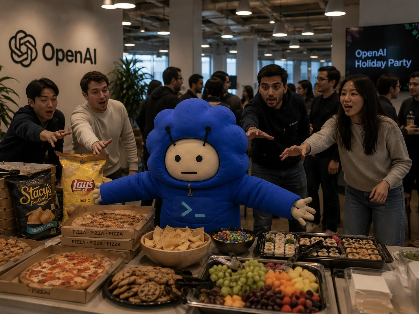 codexy at an OpenAI holiday party buffet, arms spread guarding pizza, chips, sushi, cookies and fruit from the surrounding team