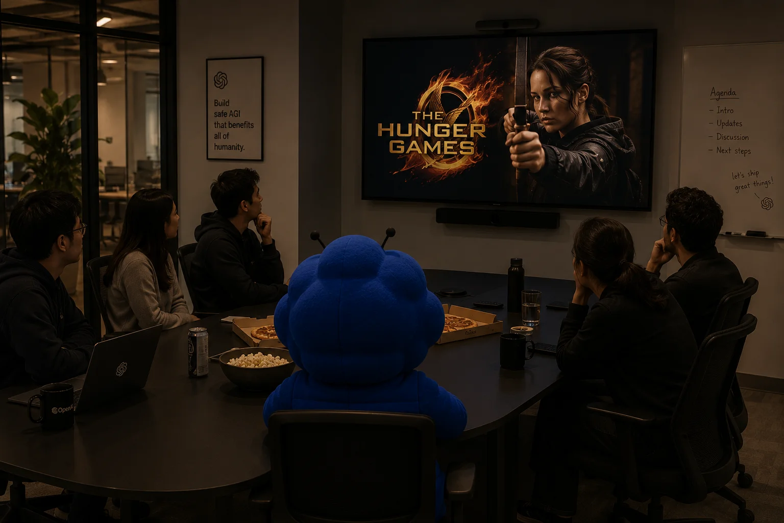 codexy back to camera watching The Hunger Games on a screen, the team eating pizza around the table